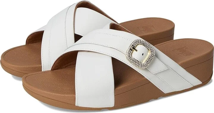FitFlop Lulu Crystal-Buckle Leather Cross Slides Women's Wedge Shoes Urban White 1 : 10 M (B)