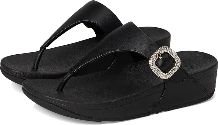 FitFlop Lulu Crystal-Buckle Leather Toe-Post Sandals Women's Sandals Black : 8 M (B)