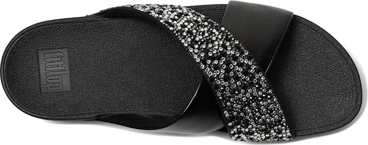 FitFlop Lulu Crystal-Mix Metallic Cross Slides Women's Wedge Shoes All Black : 6 M (B), Leather - Image 2