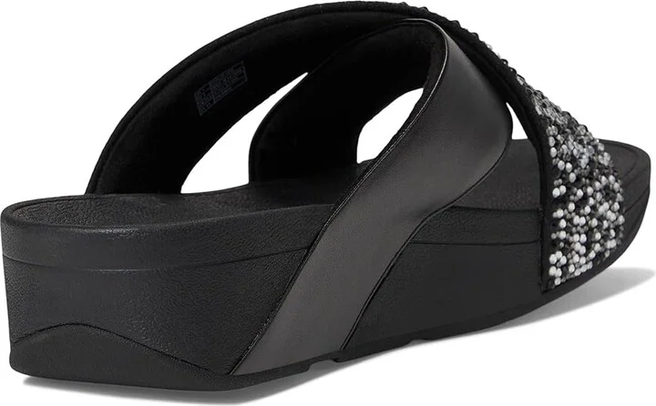 FitFlop Lulu Crystal-Mix Metallic Cross Slides Women's Wedge Shoes All Black : 6 M (B), Leather - Image 4