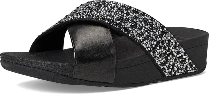 FitFlop Lulu Crystal-Mix Metallic Cross Slides Women's Wedge Shoes All Black : 6 M (B), Leather - Image 5