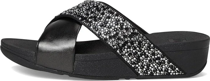 FitFlop Lulu Crystal-Mix Metallic Cross Slides Women's Wedge Shoes All Black : 6 M (B), Leather - Image 6