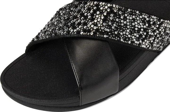 FitFlop Lulu Crystal-Mix Metallic Cross Slides Women's Wedge Shoes All Black : 6 M (B), Leather - Image 7