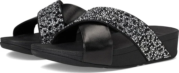 FitFlop Lulu Crystal-Mix Metallic Cross Slides Women's Wedge Shoes All Black : 6 M (B), Leather