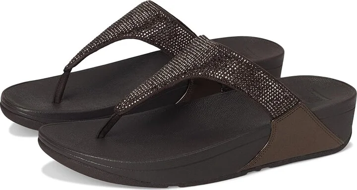FitFlop Lulu Crystal Toe-post Sandals Women's Wedge Shoes Metallic Chocolate Brown : 11 M (B), Faux Leather