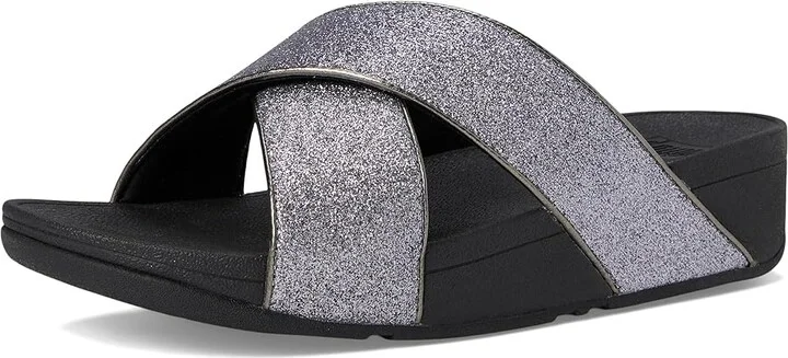 FitFlop Lulu Glitterdust Cross Slides Women's Sandals Pewter : 10 M (B), Leather/Rubber - Image 5