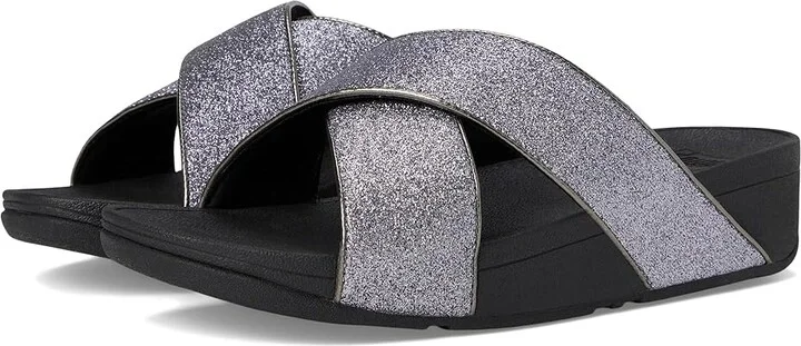 FitFlop Lulu Glitterdust Cross Slides Women's Sandals Pewter : 10 M (B), Leather/Rubber