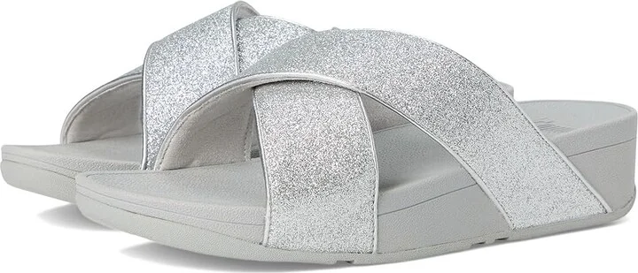 FitFlop Lulu Glitterdust Cross Slides Women's Sandals Silver : 10 M (B), Leather/Rubber