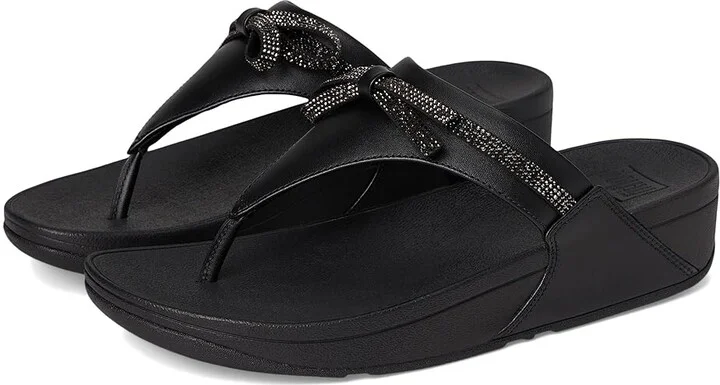 FitFlop Lulu Glitz-bow Leather Toe-post Sandals Women's Wedge Shoes All Black : 10 M (B)