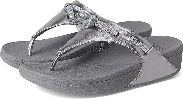 FitFlop Lulu Glitz-bow Leather Toe-post Sandals Women's Wedge Shoes Silvereen : 7 M (B)