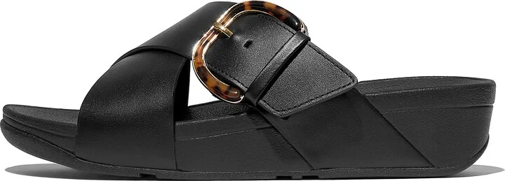 FitFlop LULU Resin-Buckle Leather Cross Slides