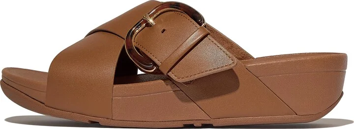 FitFlop LULU Resin-Buckle Leather Cross Slides