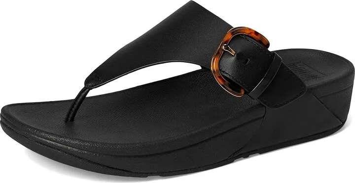 FitFlop Lulu Resin-Buckle Leather Toe-Post Sandals Women's Wedge Shoes All Black : 9 M (B) - Image 5