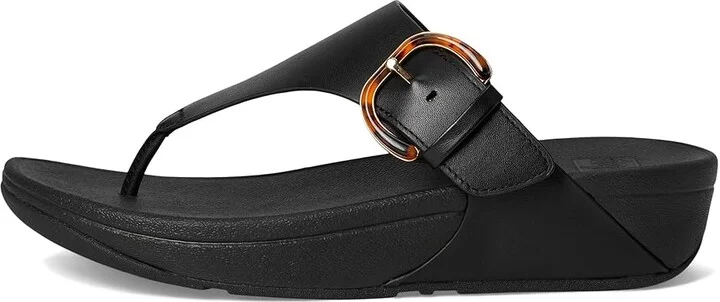 FitFlop Lulu Resin-Buckle Leather Toe-Post Sandals Women's Wedge Shoes All Black : 9 M (B) - Image 6