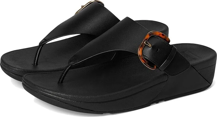 FitFlop Lulu Resin-Buckle Leather Toe-Post Sandals Women's Wedge Shoes All Black : 9 M (B)