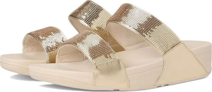 FitFlop Lulu Sequin Slides Women's Wedge Shoes Platino : 6 M (B), Leather