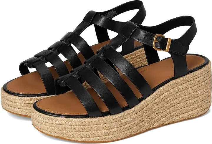 FitFlop PLATFFORMS Espadrille Leather Fisherman Wedge Sandals Women's Wedge Shoes Black : 7 M (B)