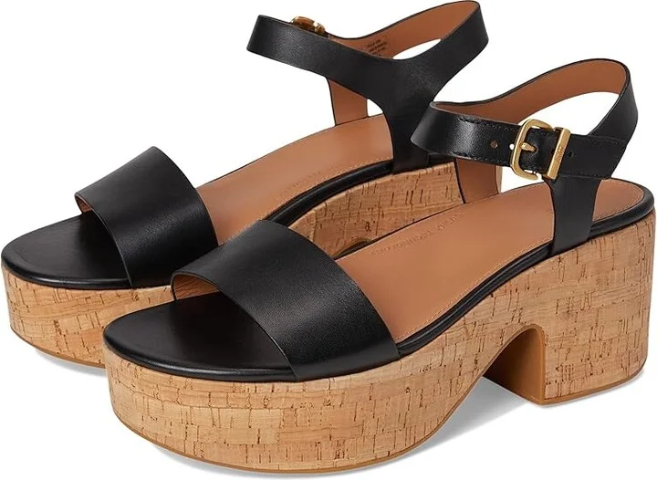 FitFlop Platfforms Leather/Cork Heeled Ankle-Strap Sandals Women's Wedge Shoes Black : 11 M (B)