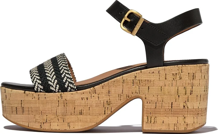 FitFlop PLATFFORMS V-Weave/Cork Heeled Ankle-Strap Sandals Webbing Polyester/Leather