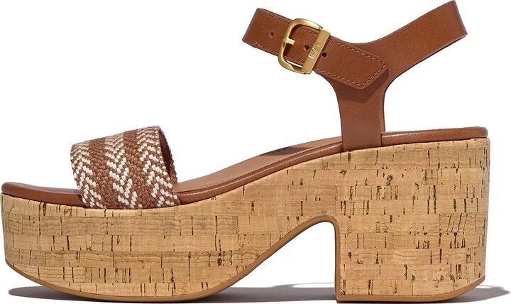 FitFlop PLATFFORMS V-Weave/Cork Heeled Ankle-Strap Sandals Webbing Polyester/Leather
