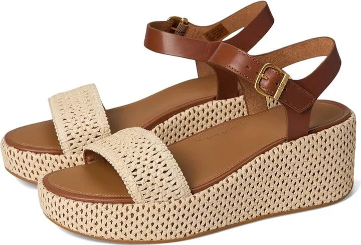 FitFlop Platfforms Woven Wedge Ankle-Strap Sandals Women's Wedge Shoes Deep Tan/Ivory : 10 M (B), Leather