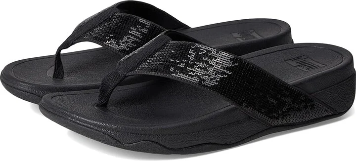 FitFlop Surfa Sequin Toe-post Sandals Women's Wedge Shoes All Black : 11 M (B), Synthetic