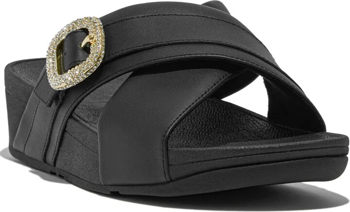 FitFlop Women's Lulu Crystal Buckle Leather Cross Slides Flats