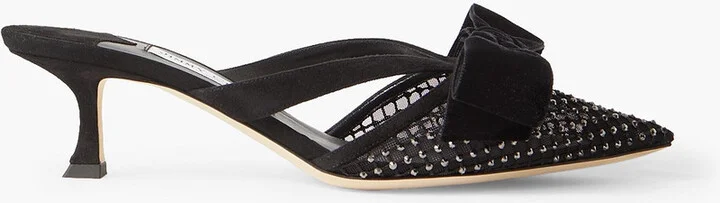 Flaca 50 bow and crystal-embellished mesh and suede mules