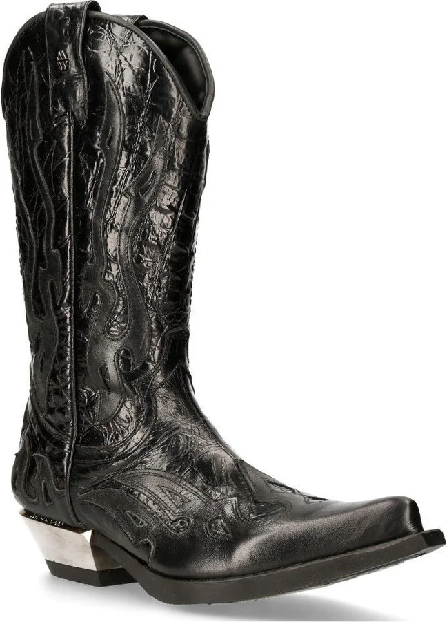 Flame Accented Black Leather Biker Cowboy Boots- M-7921-S1
