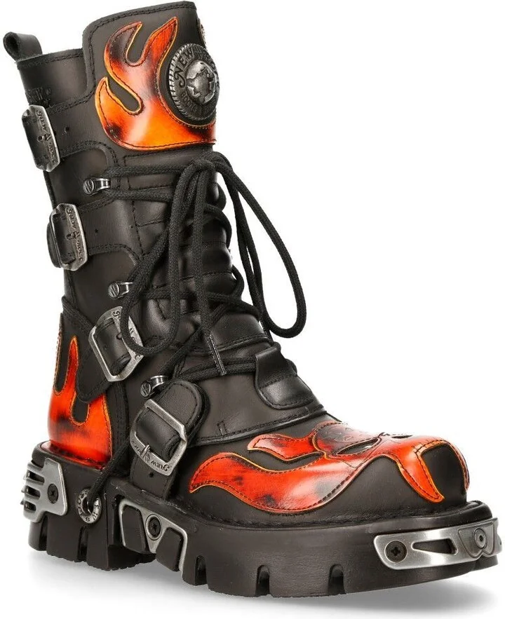 Flame Accented Black/Red Leather Biker Skull Boots- 107-S1
