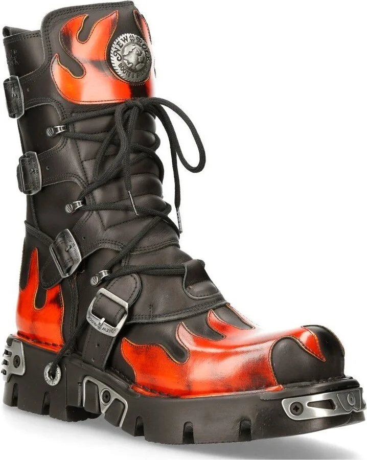 Flame Accented Black/Red Leather Boots- 591-S1
