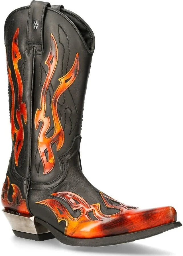 Flame Accented Black/Red Mid-Calf Cowboy Boots-7921-S2
