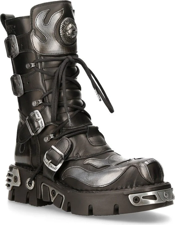 Flame Accented Black/Silver Leather Biker Boots- 107-S2
