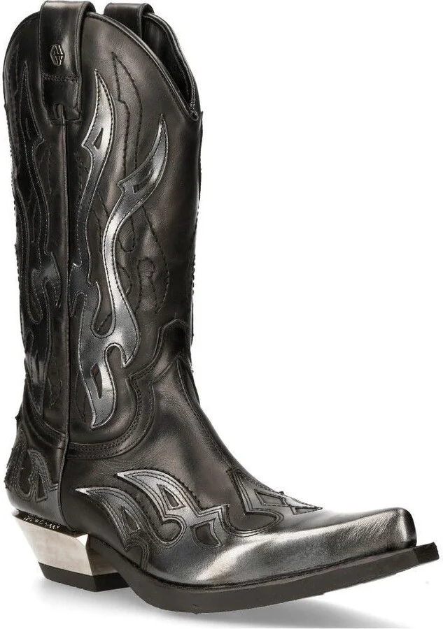 Flame Accented Black/Silver Leather Biker Cowboy Boots- M-7921-S3