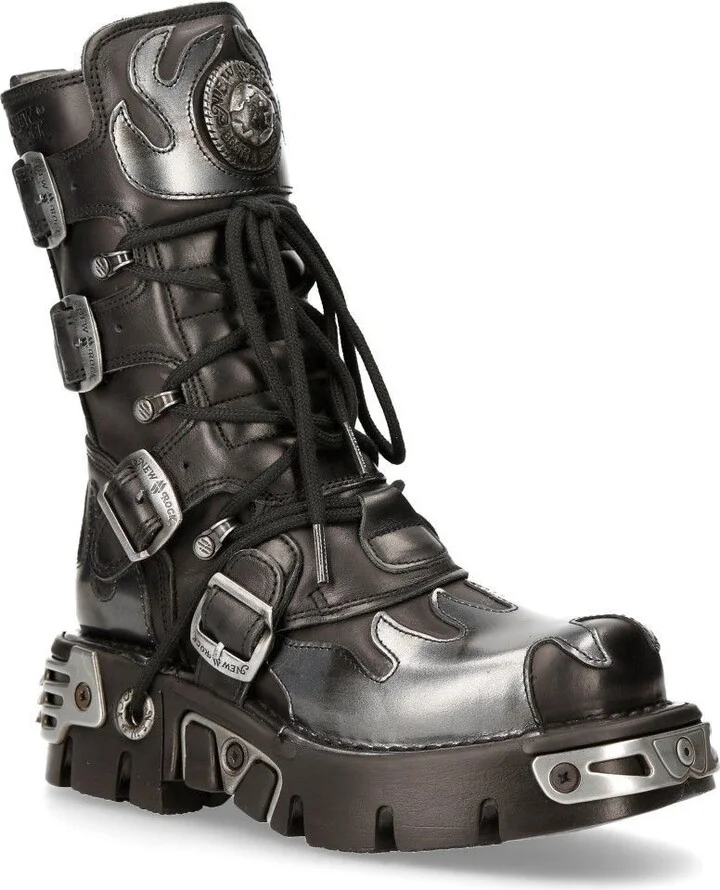 Flame Accented Black/Silver Leather Boots-591-S2