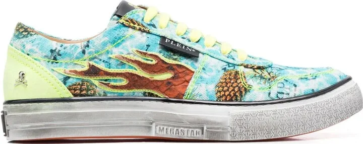 Flame-print canvas low-top sneakers