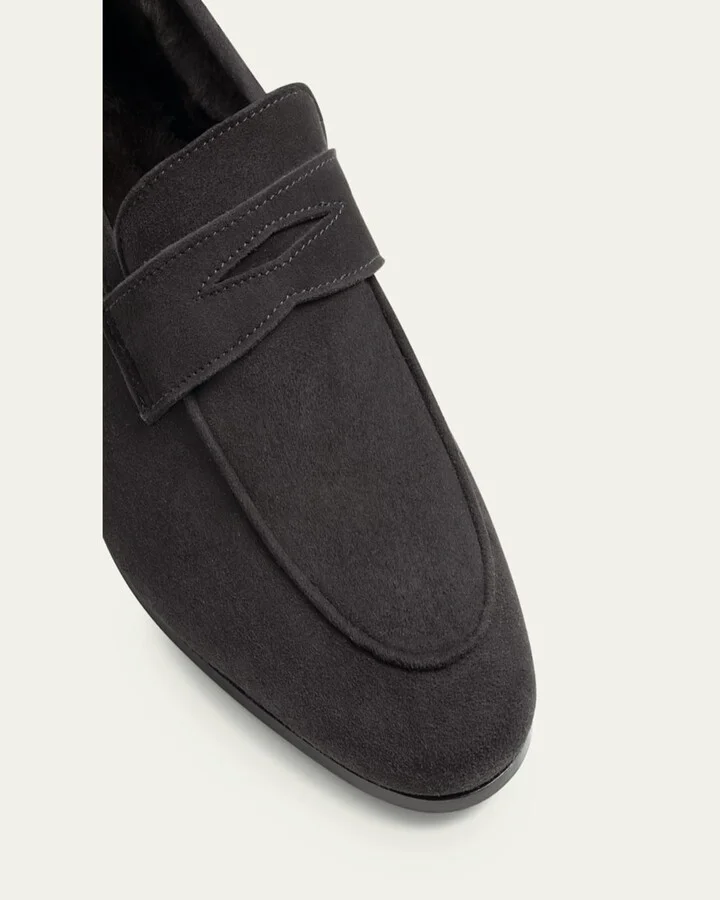 Flaneur Suede Shearling Penny Loafers - Image 5