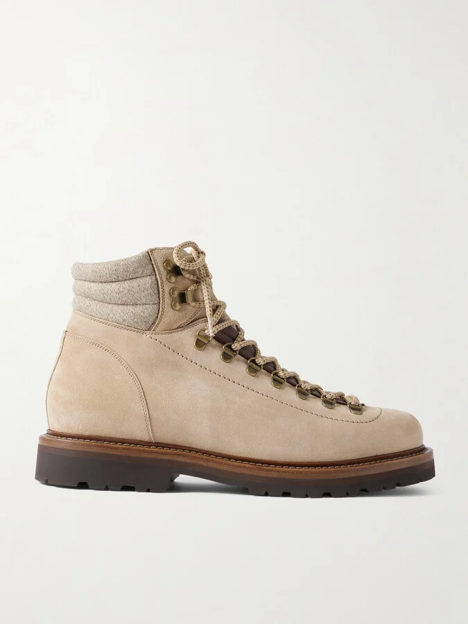 Flannel and Full-Grain Leather-Trimmed Suede Boots