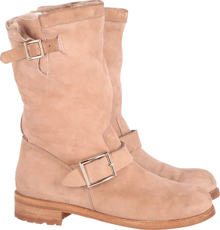 Flat Biker Boots in Nude Suede