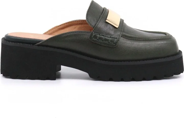 Flat Buckle Mule In Green