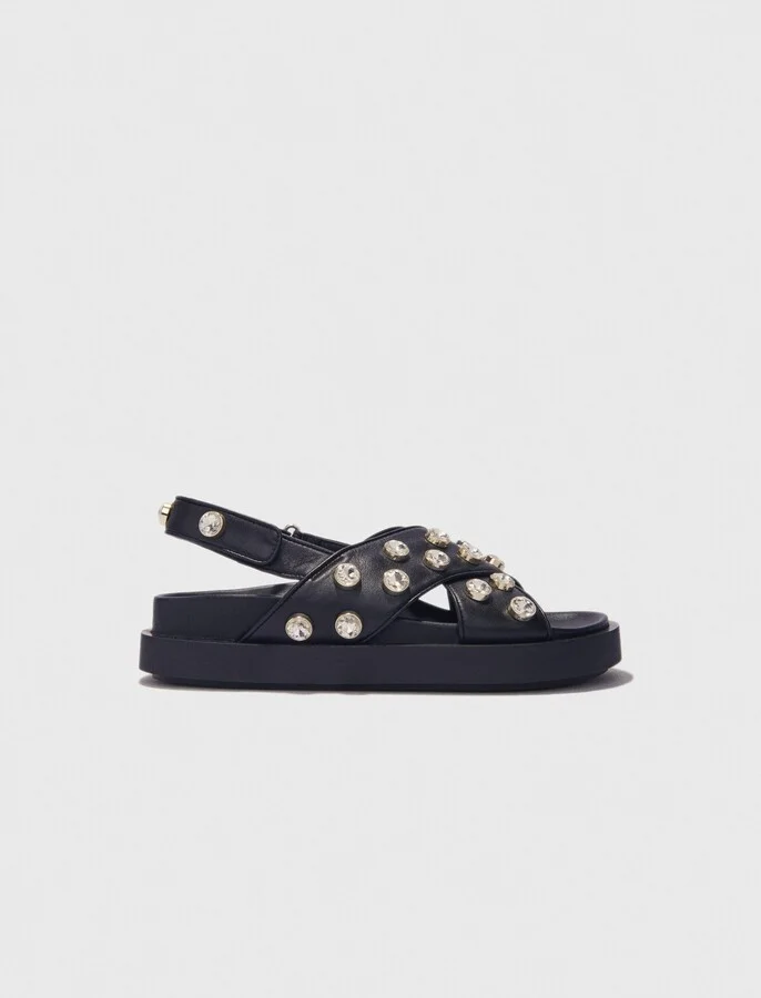 Flat leather and rhinestone sandals