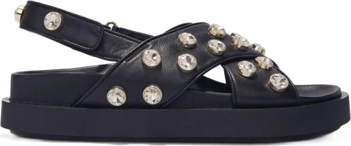 Flat leather and rhinestone sandals