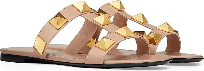 Flat Roman Stud Calfskin Slide Sandals - Rose Cannelle - Size 6 - Image 2