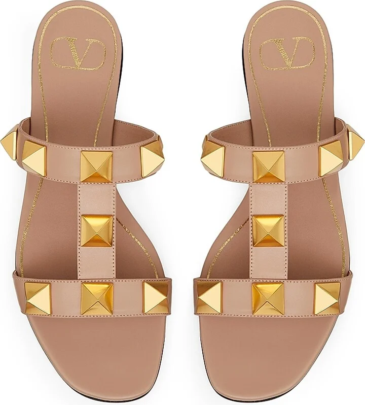 Flat Roman Stud Calfskin Slide Sandals - Rose Cannelle - Size 6 - Image 4
