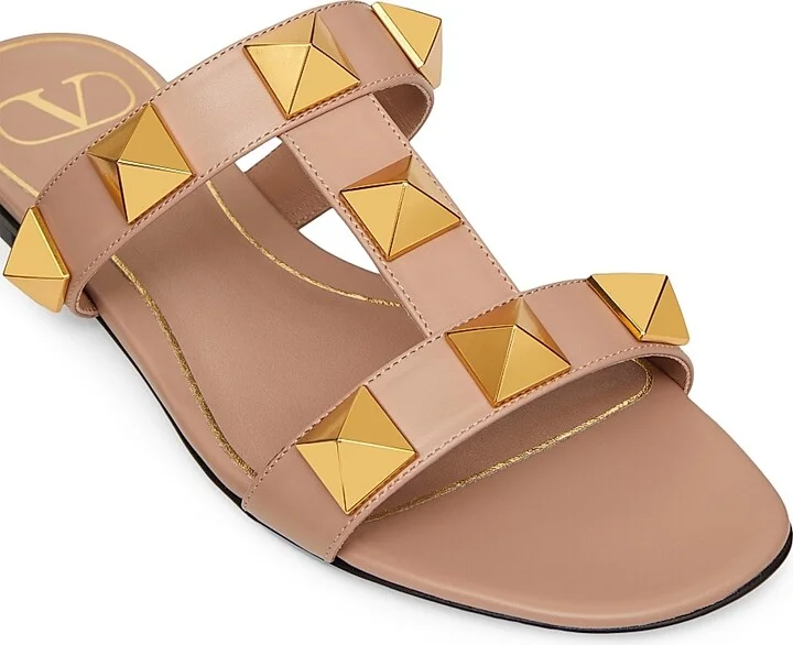 Flat Roman Stud Calfskin Slide Sandals - Rose Cannelle - Size 6 - Image 5