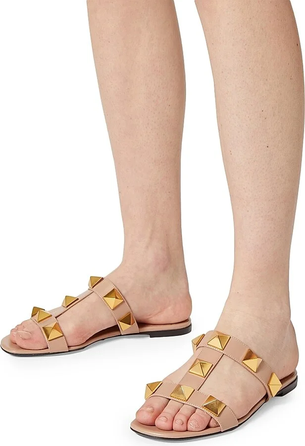 Flat Roman Stud Calfskin Slide Sandals - Rose Cannelle - Size 6 - Image 6