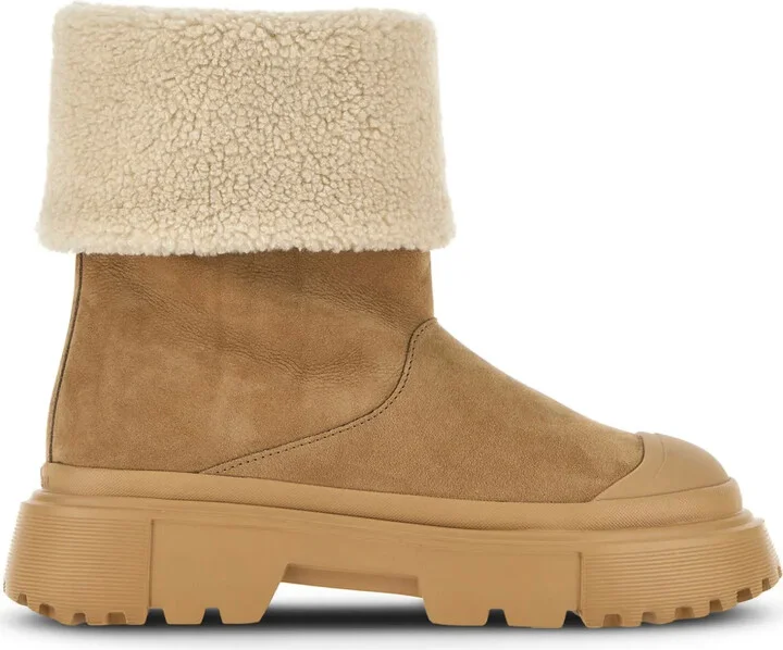 Fleece-Trim Leather Ankle Boots