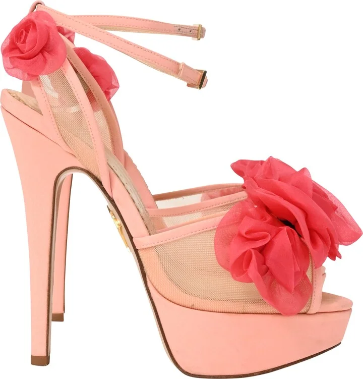 Fleur Ankle-Wrap Platform Sandals in Pink Satin