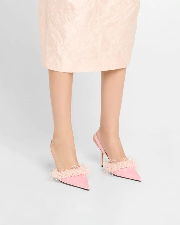 Floating Pearly Satin Slingback Pumps - Image 8