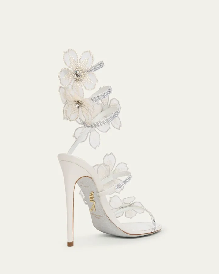 Floraine Crystal Flower Satin Snake Wrap Sandals - Image 2